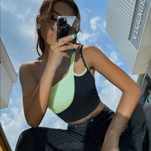 two tone color black one shoulder cutout crop cropped tank green and black